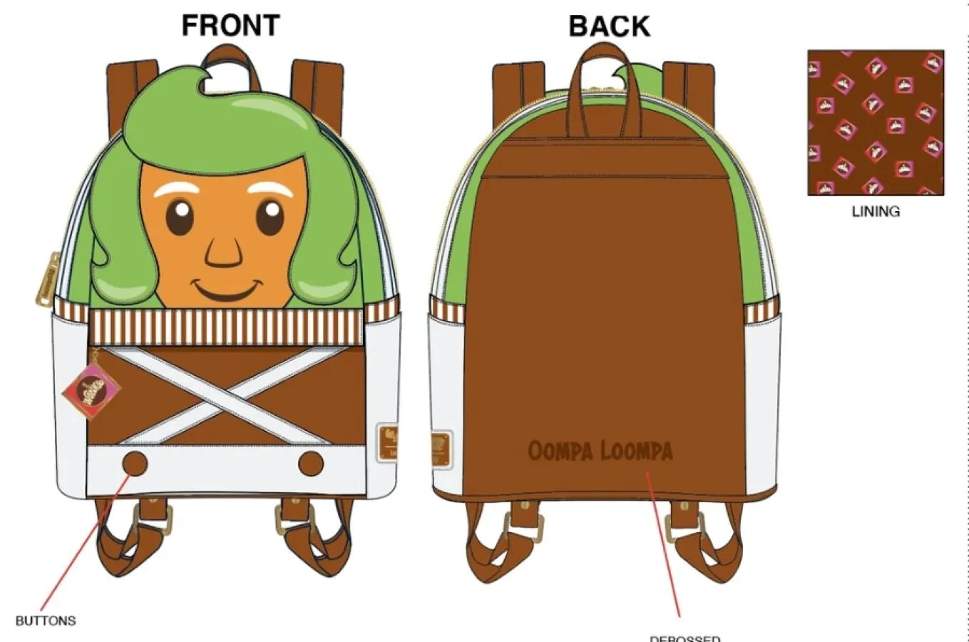 10" Charlie and the Chocolate Factory - Oompa Loompa Faux Leather Mini Backpack Bag Loungefly US Exclusive