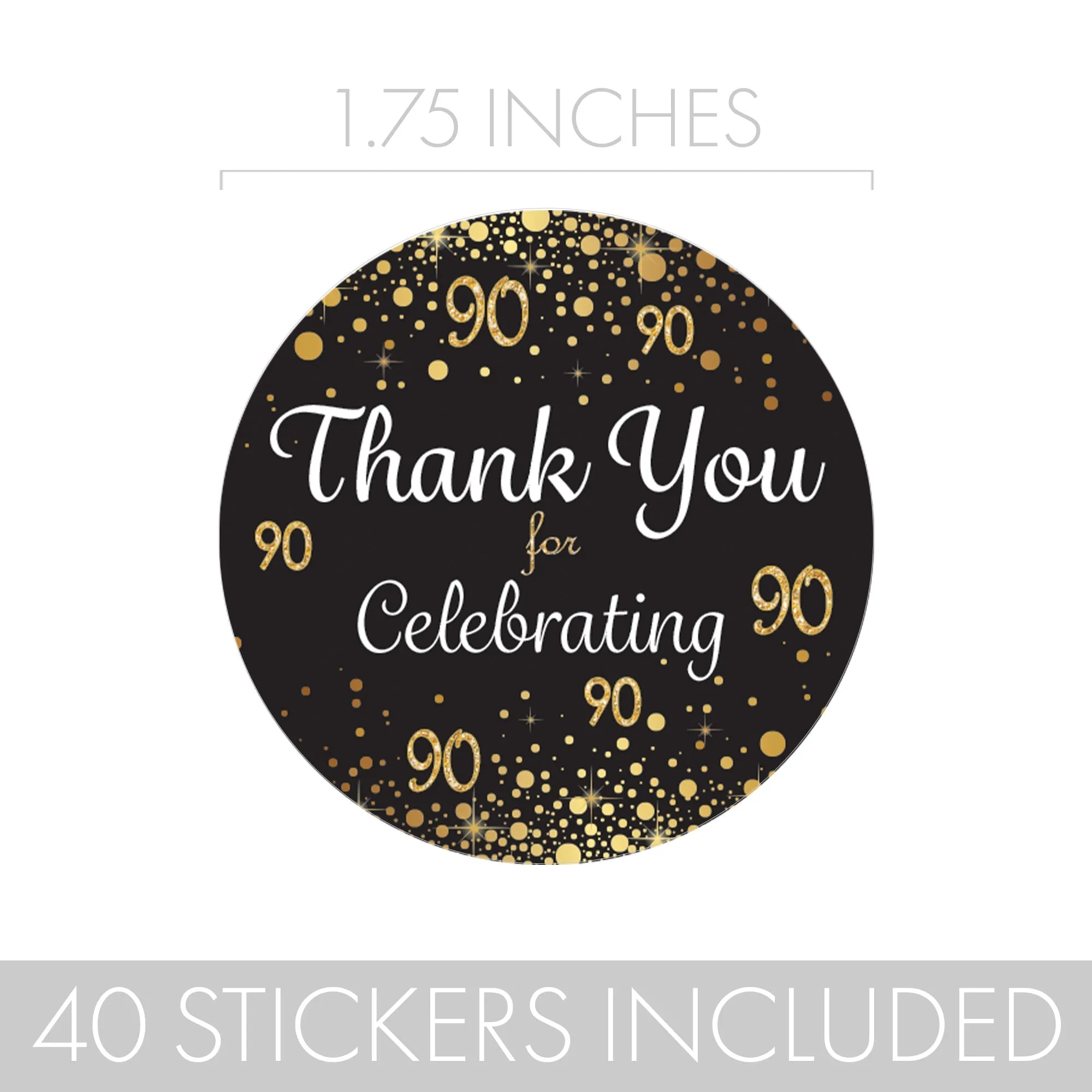 90th Birthday: Black & Gold - Adult Birthday - Thank You Stickers - 40 Stickers