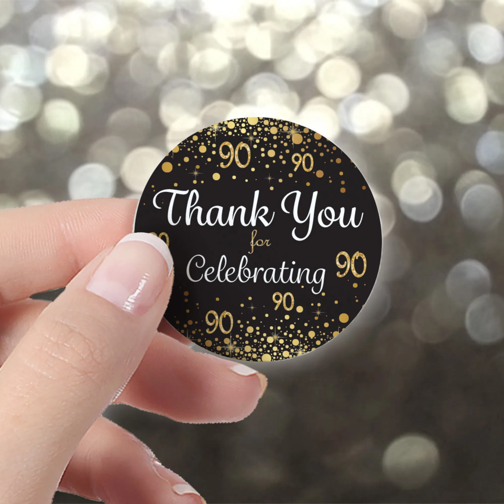 90th Birthday: Black & Gold - Adult Birthday - Thank You Stickers - 40 Stickers