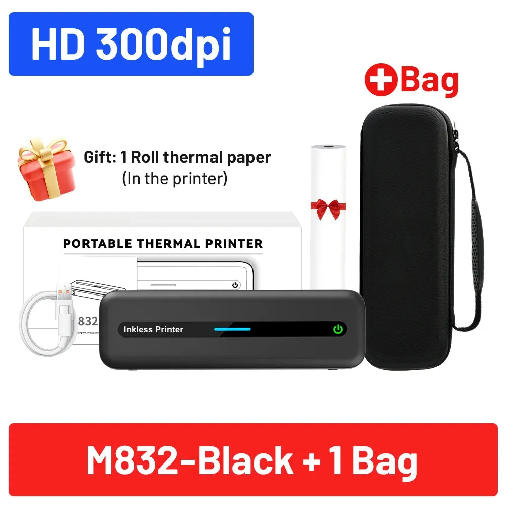 A4 Inkless M832 BT Wireless 300DPI Rechargeable Thermal Printer