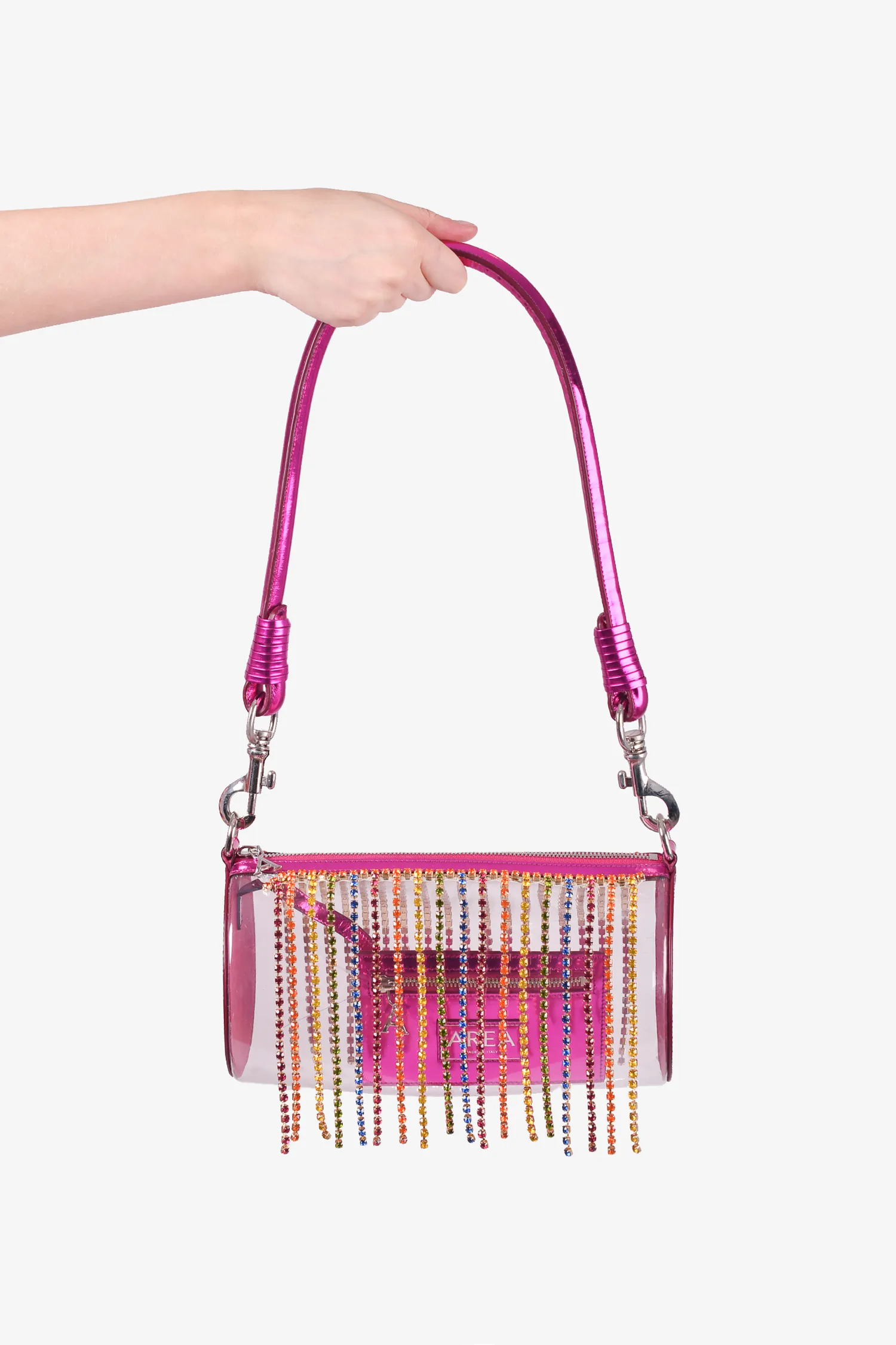 Area Pink/PVC Crystal Fringe Shoulder Bag with Attached Wallet