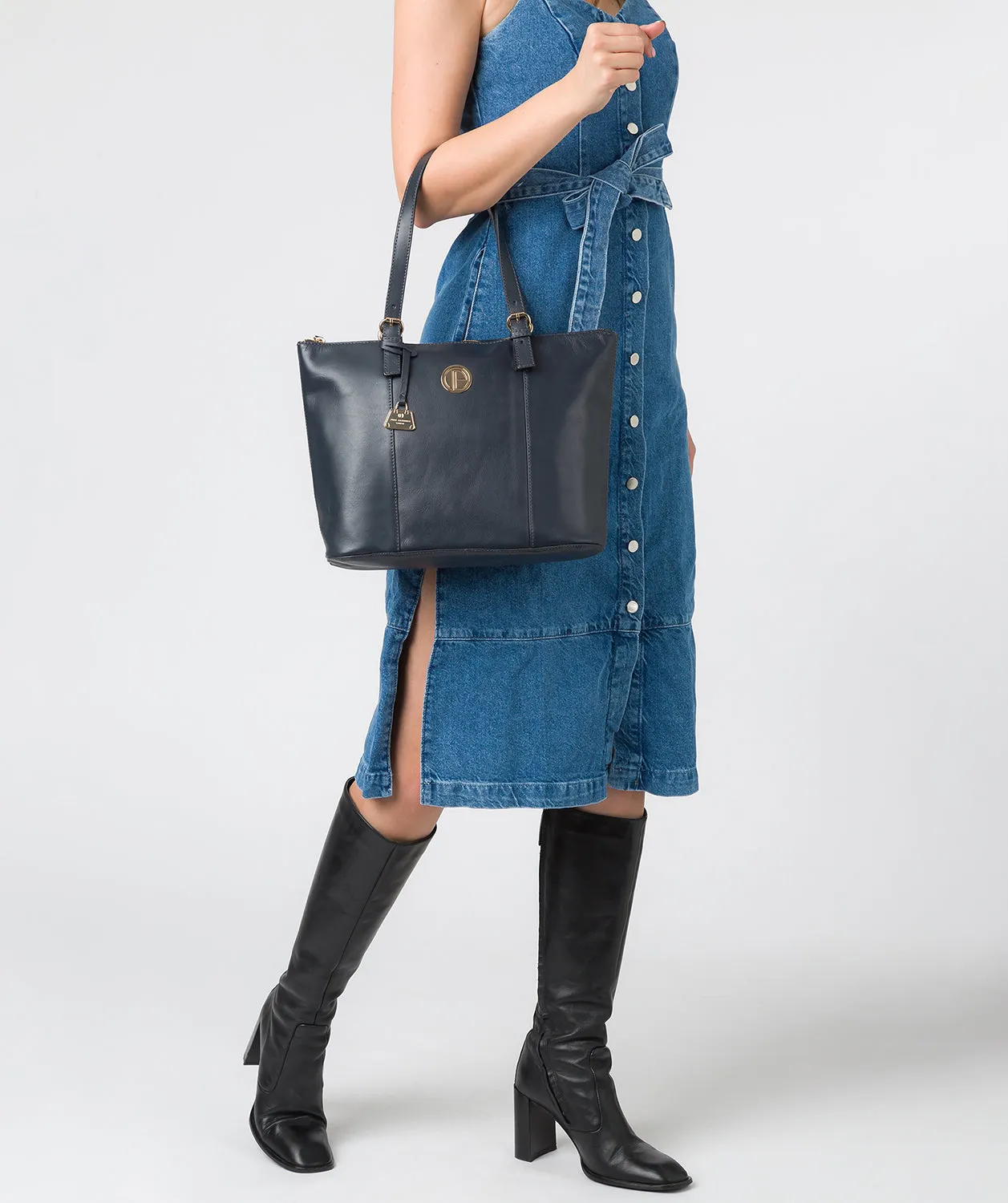 'Aster' Navy Leather Tote Bag