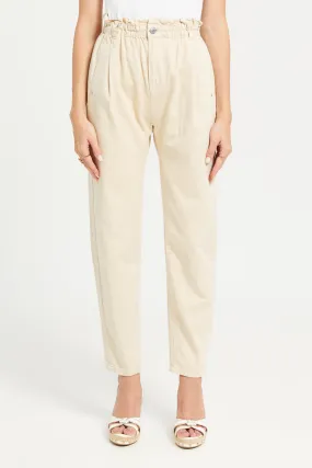 Beige Paper Bag Waist Twill Jeans