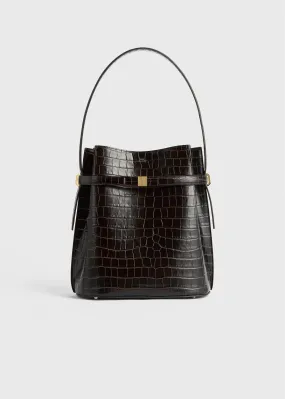 Belted croco-embossed bucket bag dark brown