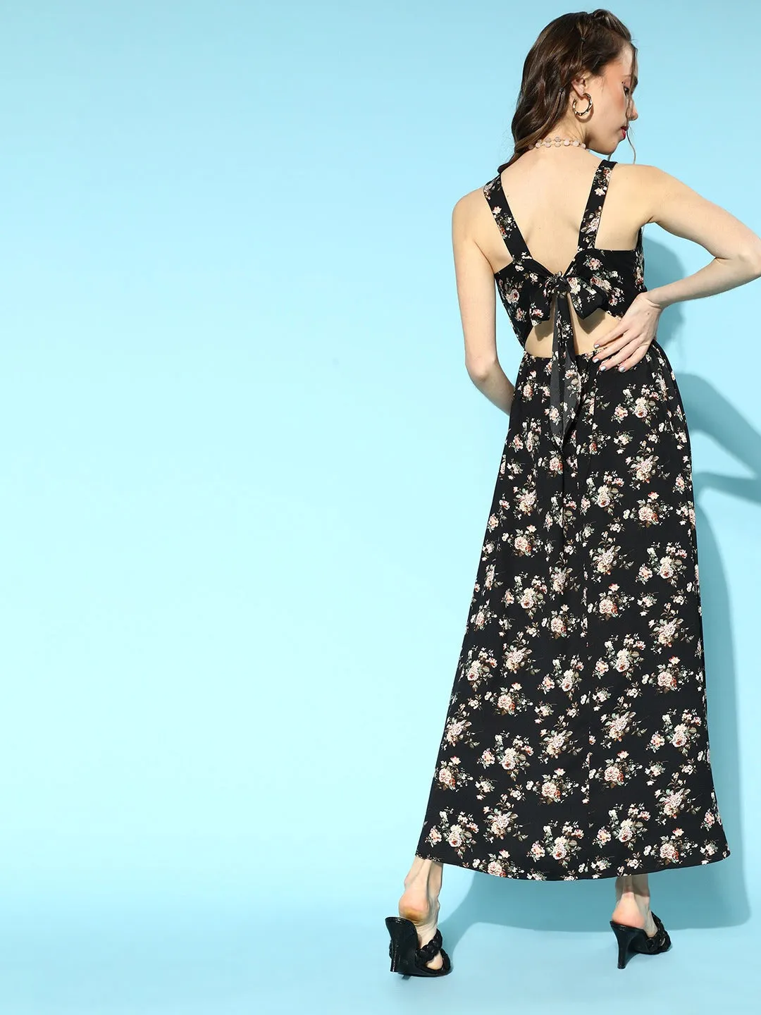 Berrylush Women Black & Pink Floral Printed V-Neck Open Back Thigh-High Slited A-Line Maxi Dress