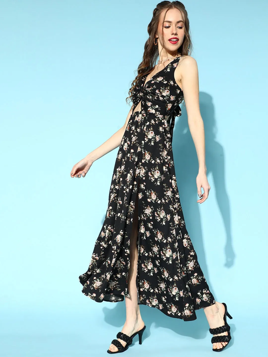 Berrylush Women Black & Pink Floral Printed V-Neck Open Back Thigh-High Slited A-Line Maxi Dress