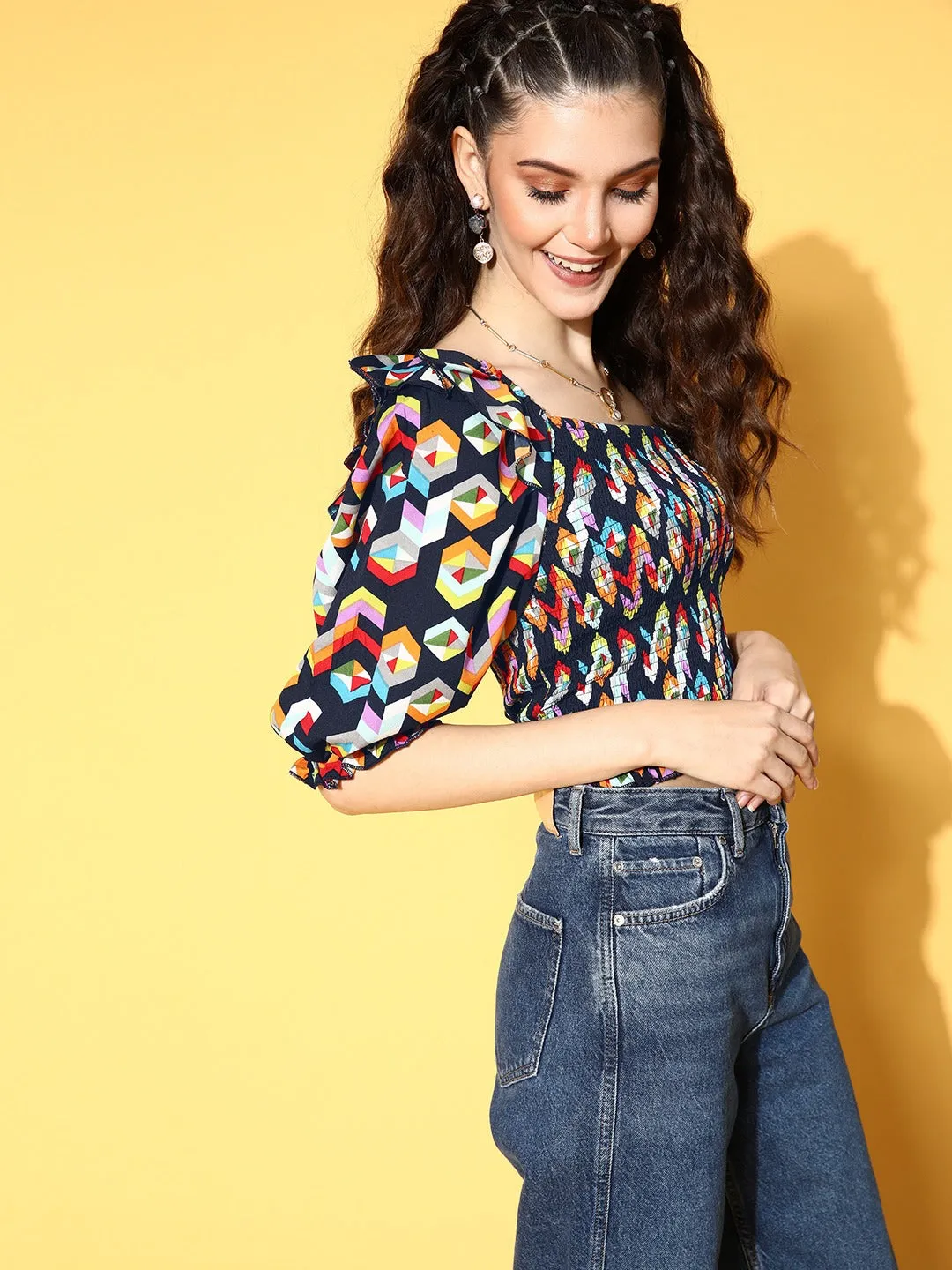 Berrylush Women Navy Blue & Multicolour Geometric Printed One-Shoulder Smocked Bohemian Top