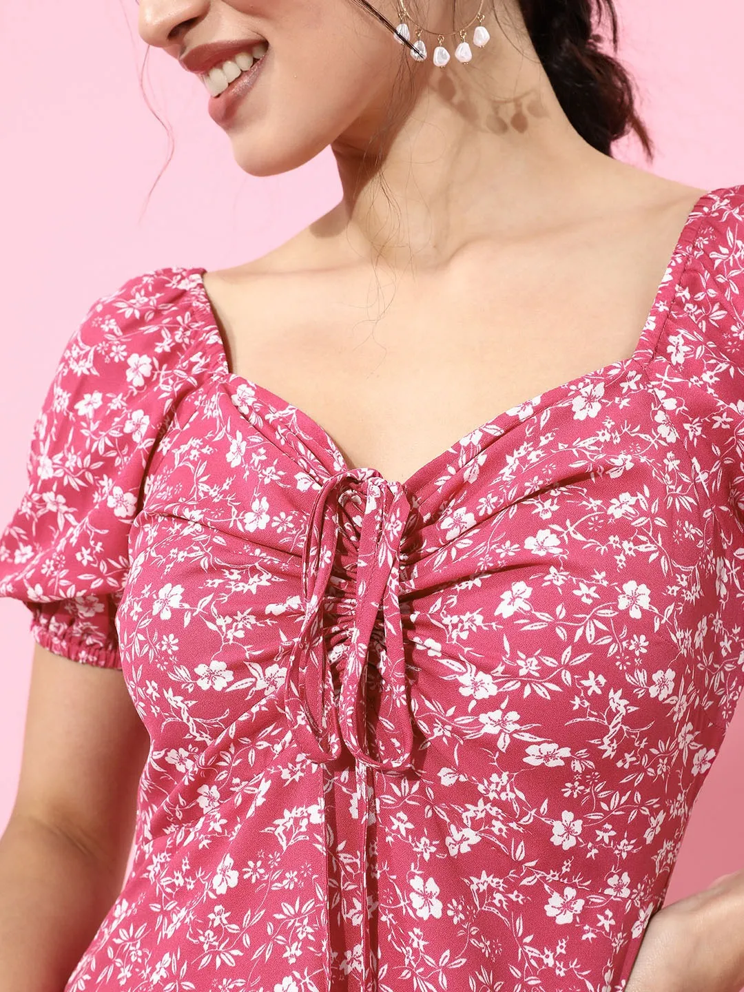 Berrylush Women Pink & White Floral Crepe A-Line Mini Dress