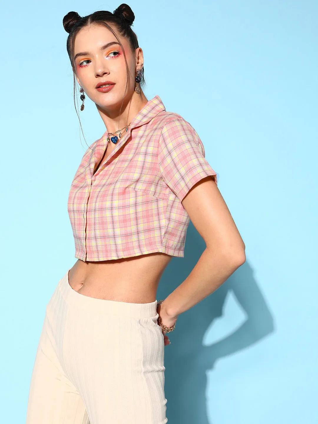 Berrylush Women Pink & White Gingham Checked Pattern Spread Collar Neck Button-Up Straight Hem Cropped Shirt