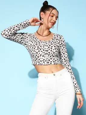 Berrylush Women White & Black Animal Printed Round Neck Button-Up Cotton Knitted Crop T-Shirt