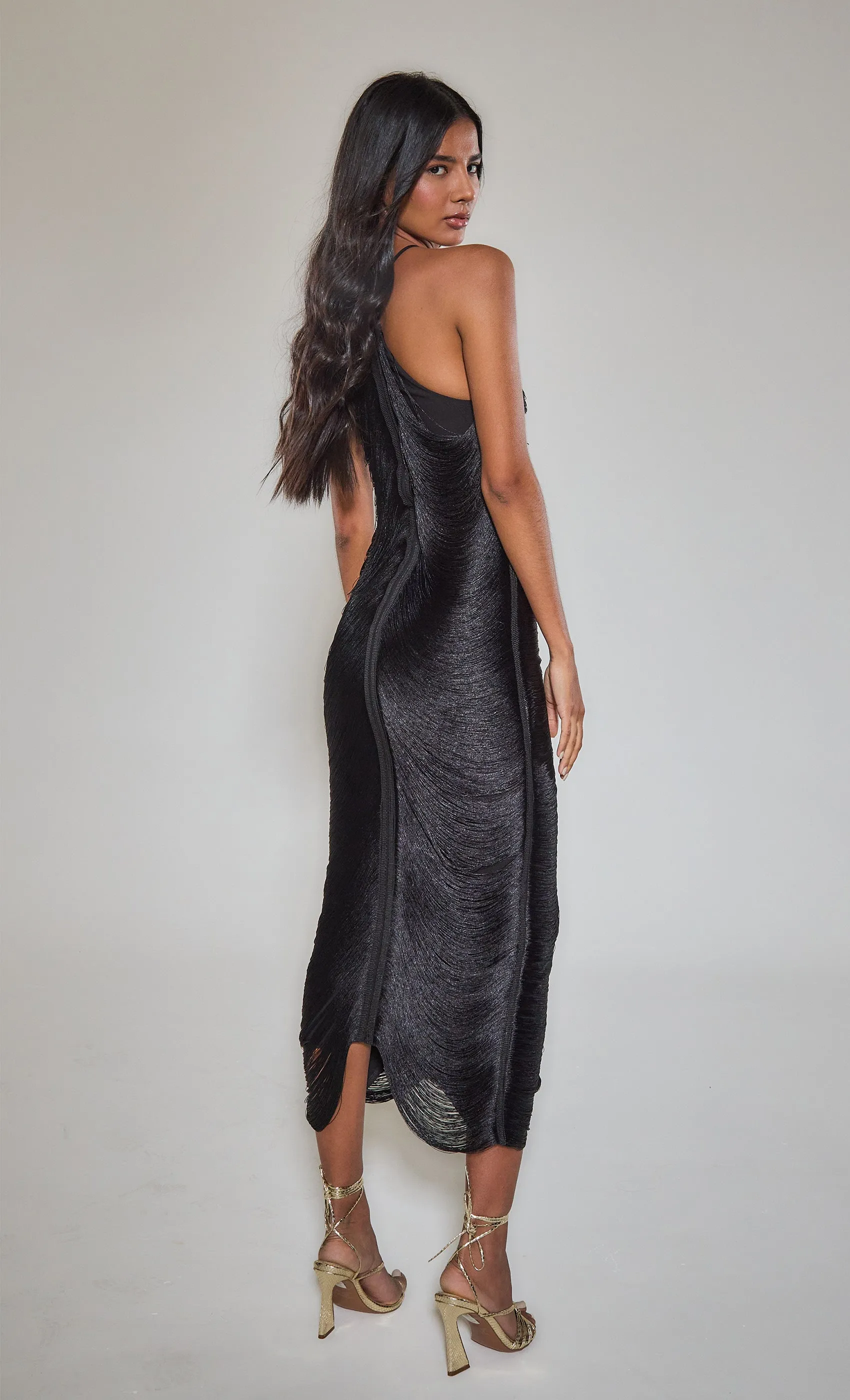 Black Fringe Detail Halter Maxi Dress