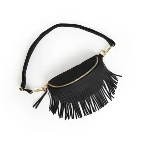 Black Suede Crossbody with Removable Fringe