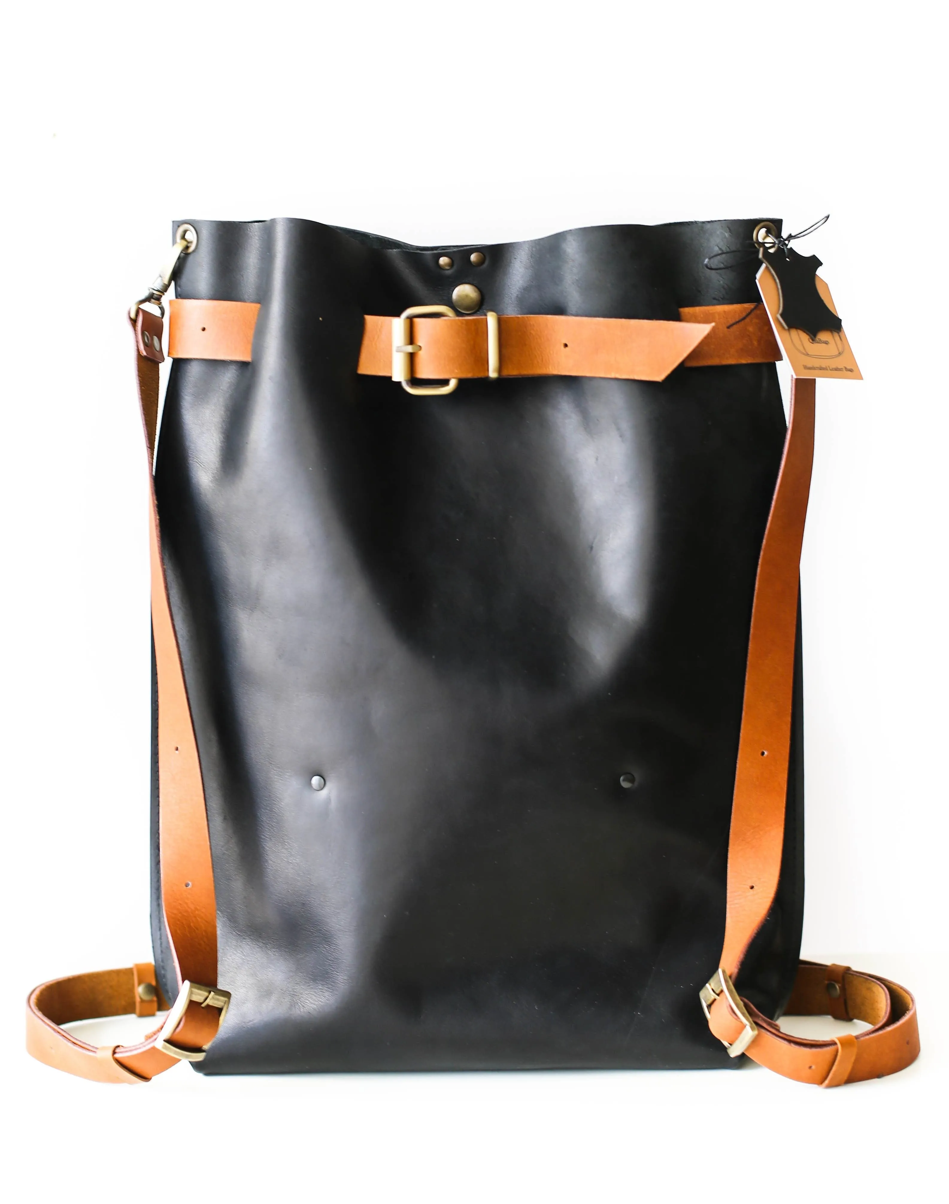 Black w/Brown Large Leather Backpack Purse