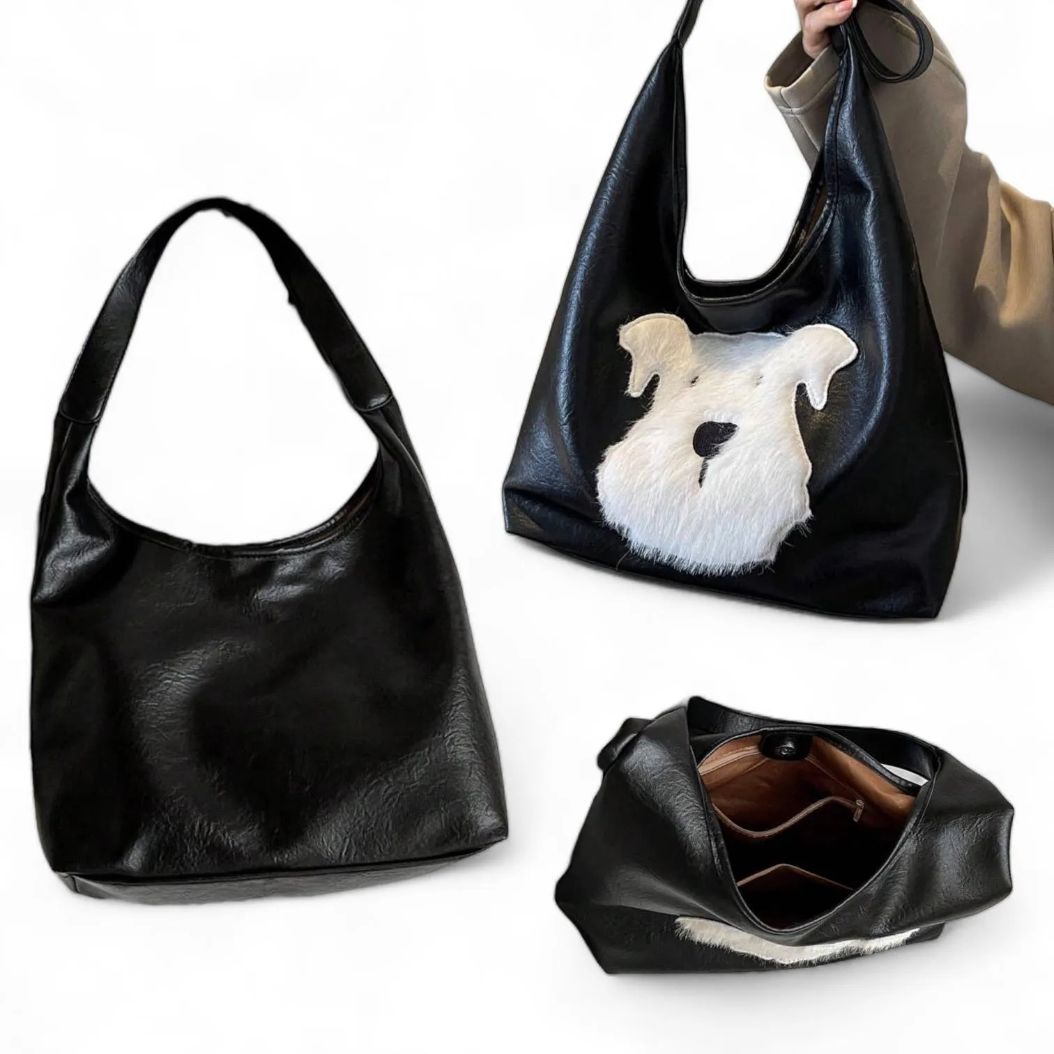 BOLSO 3D Fur Dog Embedded Leather Large Tote Bag