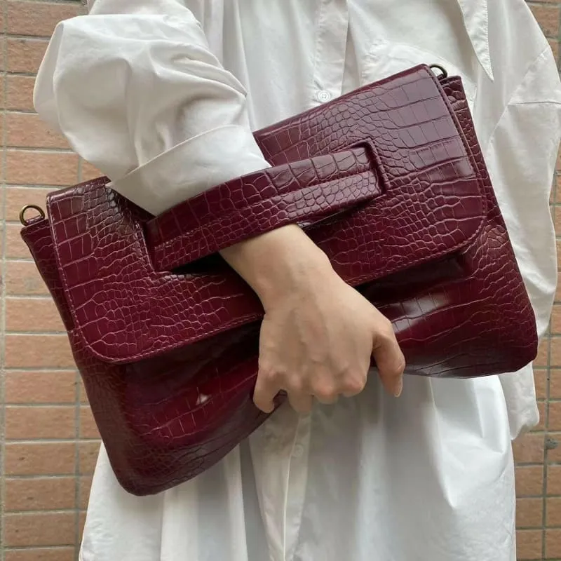 Brown Crocodile Pattern Clutch Bag with Sleeve for Document Storage