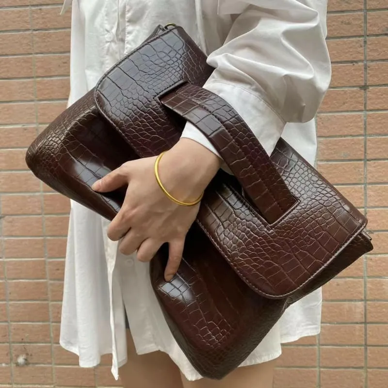 Brown Crocodile Pattern Clutch Bag with Sleeve for Document Storage