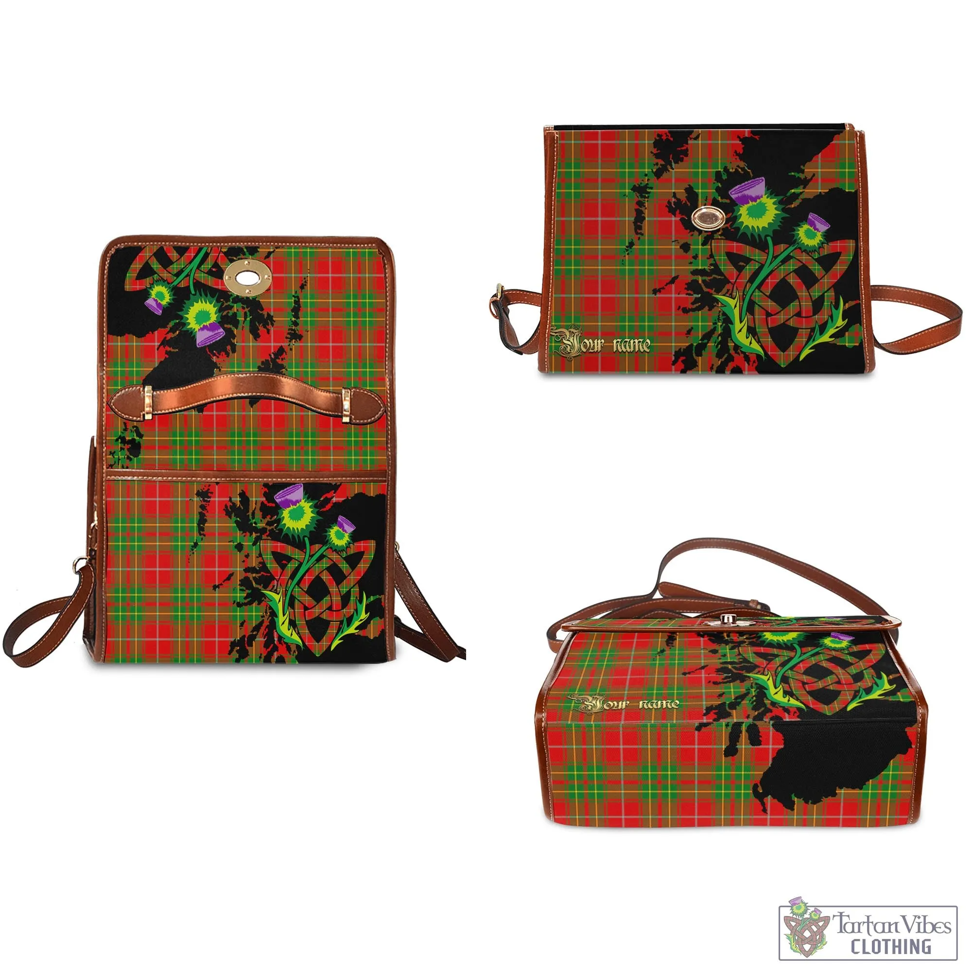 Burnett Tartan Waterproof Canvas Bag with Scotland Map and Thistle Celtic Accents