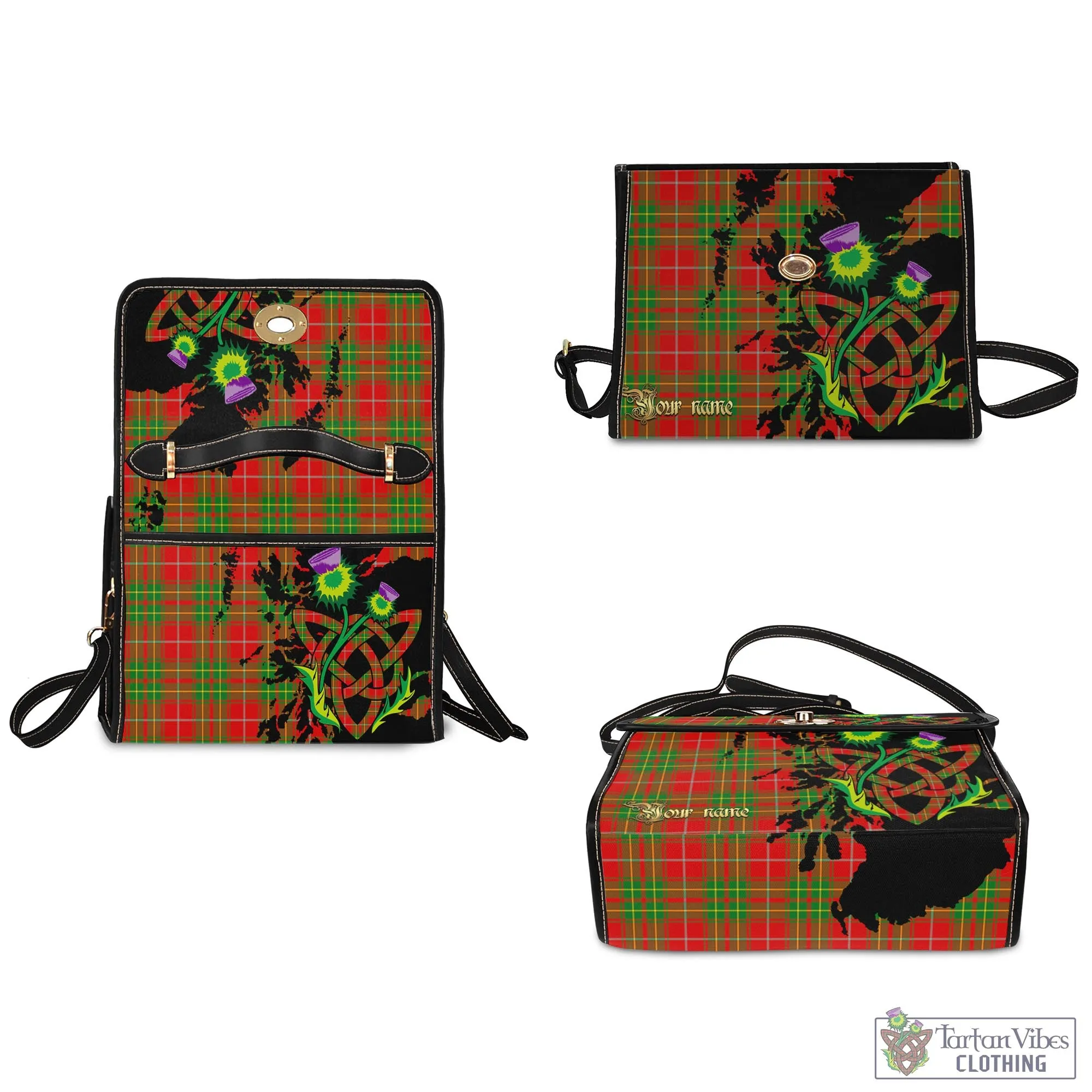 Burnett Tartan Waterproof Canvas Bag with Scotland Map and Thistle Celtic Accents