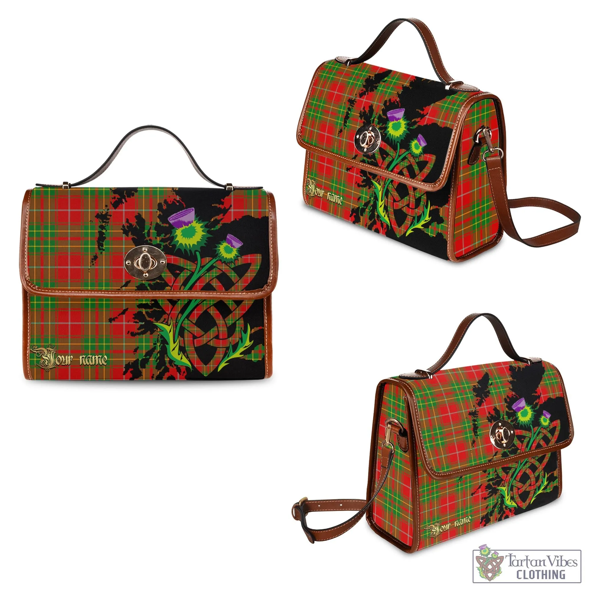 Burnett Tartan Waterproof Canvas Bag with Scotland Map and Thistle Celtic Accents