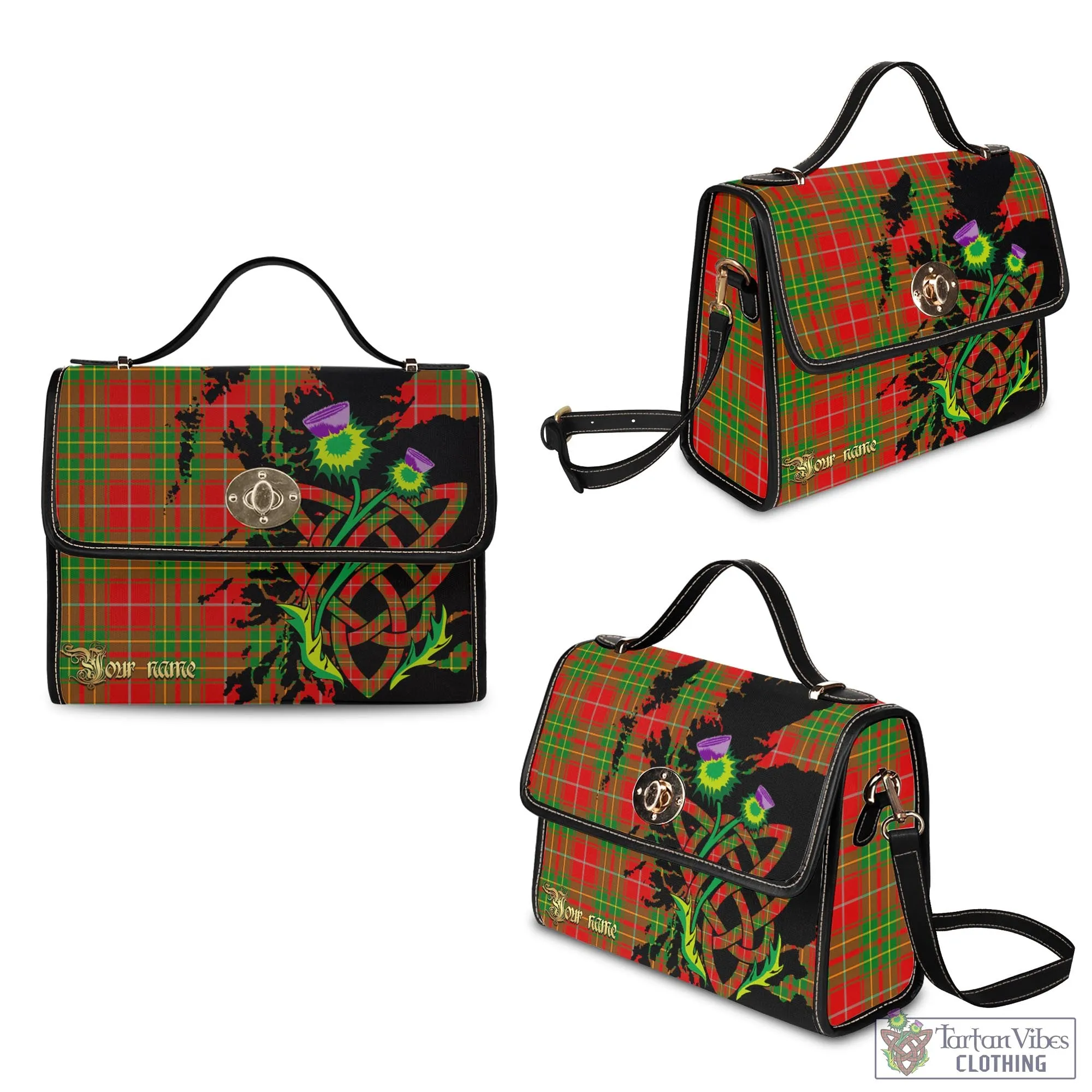 Burnett Tartan Waterproof Canvas Bag with Scotland Map and Thistle Celtic Accents