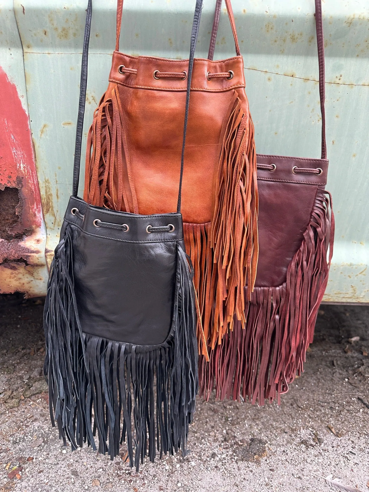 Byron Bay Soft Leather Fringe Cross Body Drawstring Festival Bag