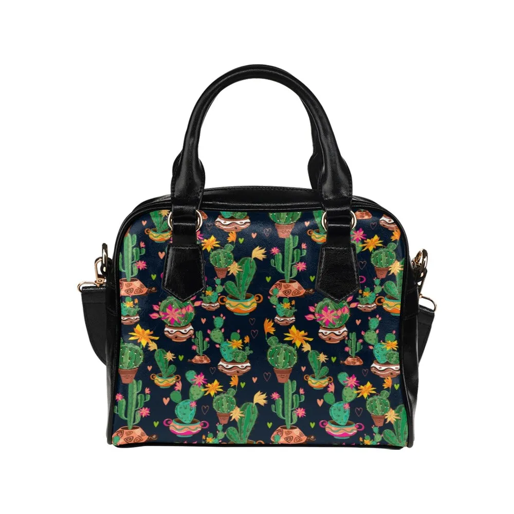 Cactus Purse, Flowers Succulent Black Cute Small Shoulder Bag High Vegan Leather Women Crossbody Designer Handbag Bag