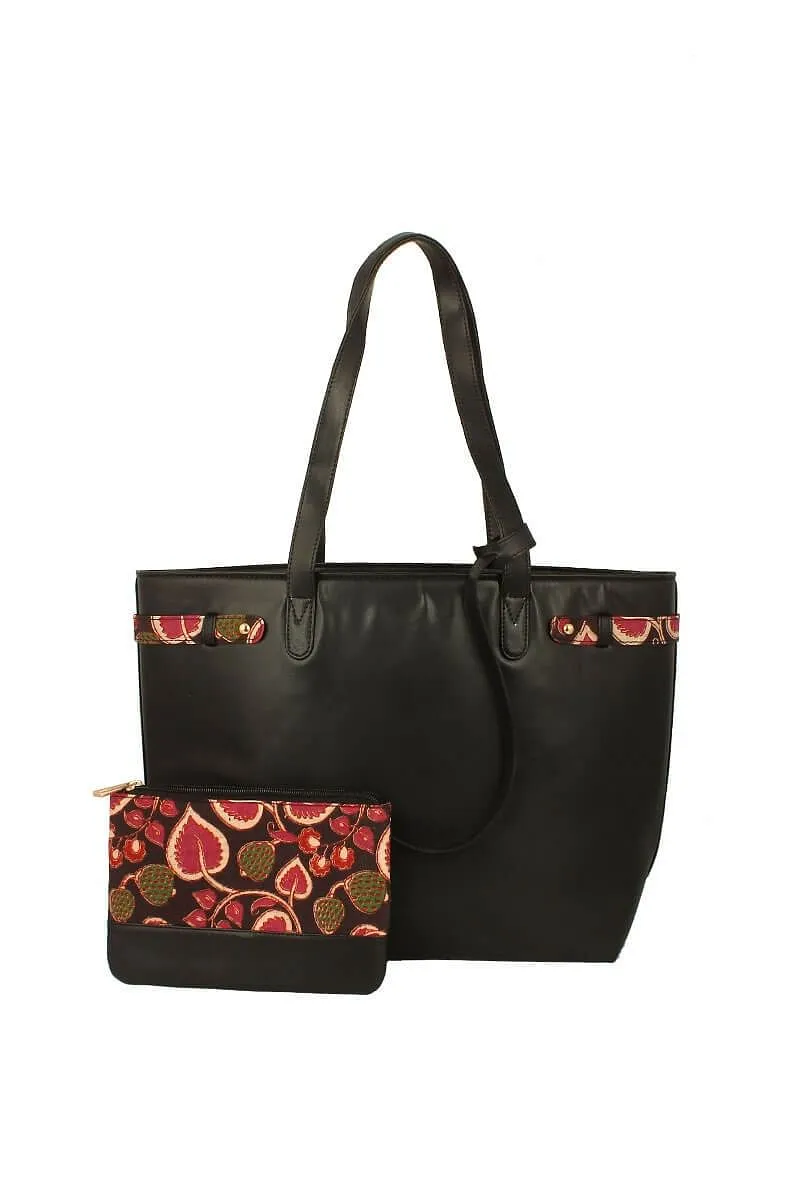 Charcoal Black Tote Bag With Hibiscus Red Kalamkari Pouch