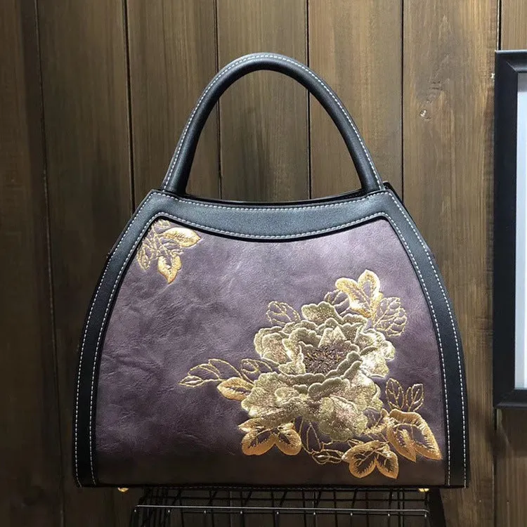 Chinese Style Large Capacity Fortune Flower Leather Embroidery Handbag