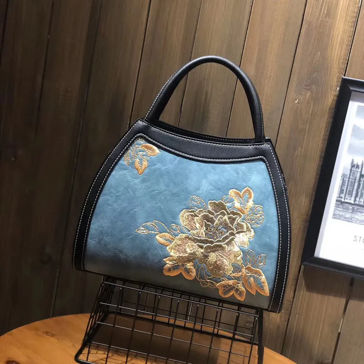 Chinese Style Large Capacity Fortune Flower Leather Embroidery Handbag