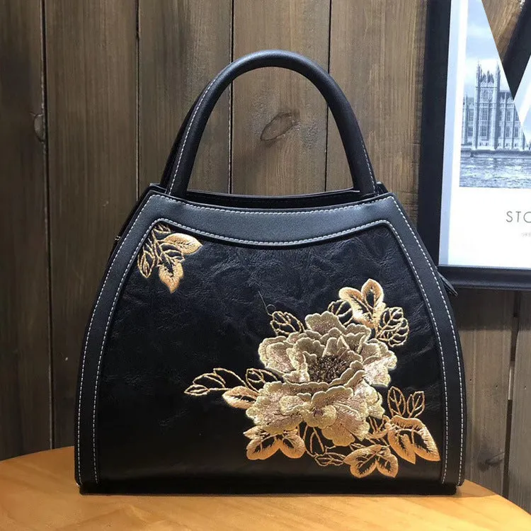 Chinese Style Large Capacity Fortune Flower Leather Embroidery Handbag