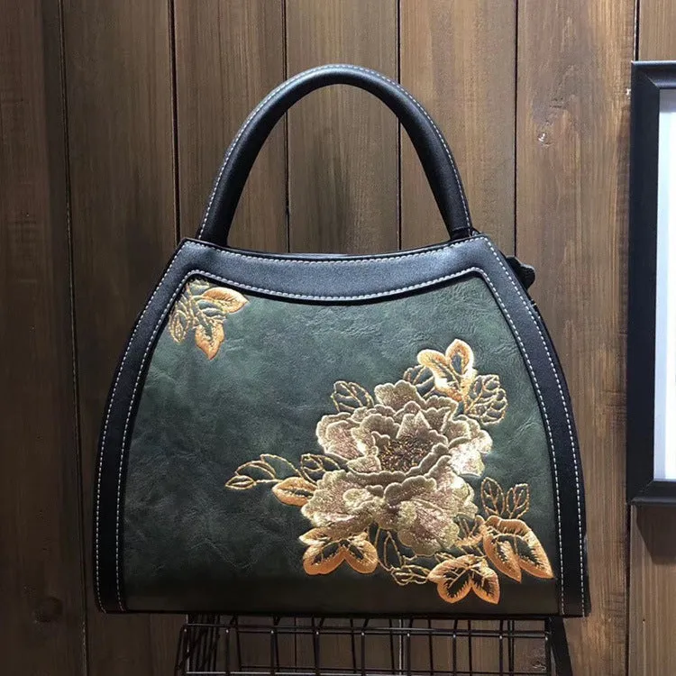 Chinese Style Large Capacity Fortune Flower Leather Embroidery Handbag