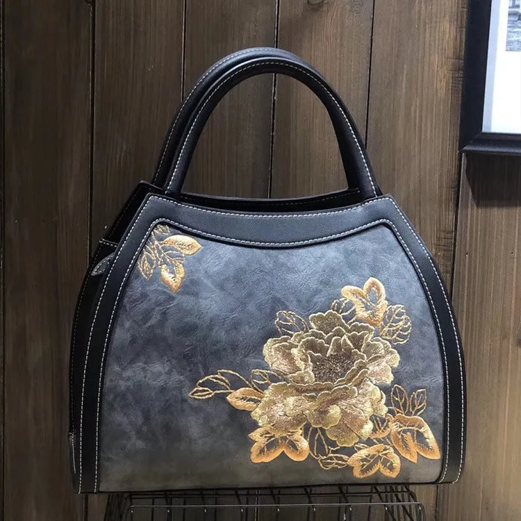 Chinese Style Large Capacity Fortune Flower Leather Embroidery Handbag