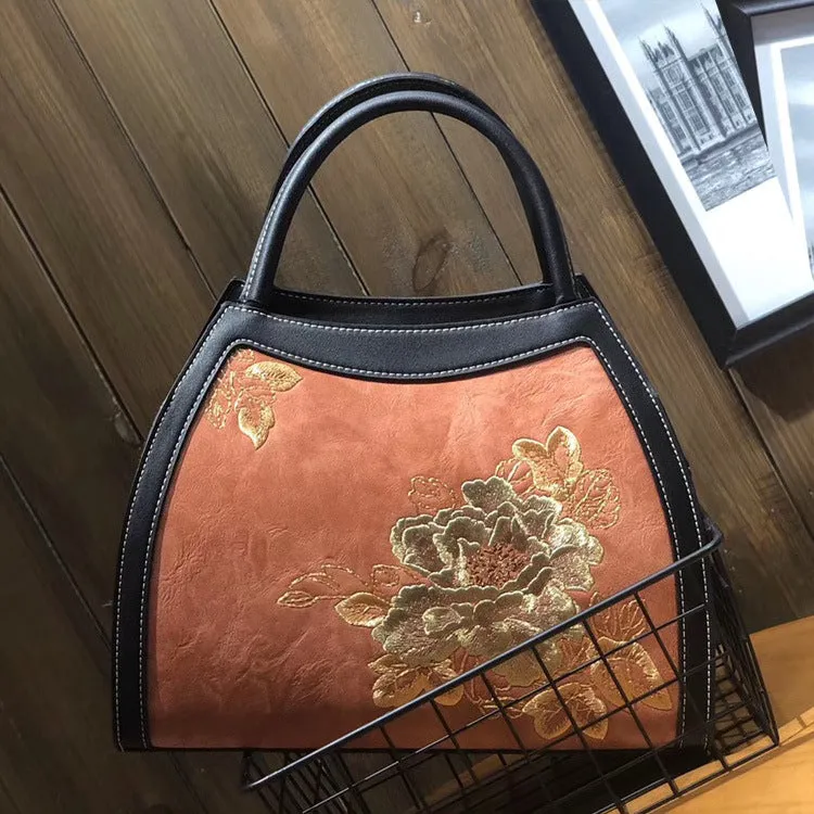 Chinese Style Large Capacity Fortune Flower Leather Embroidery Handbag