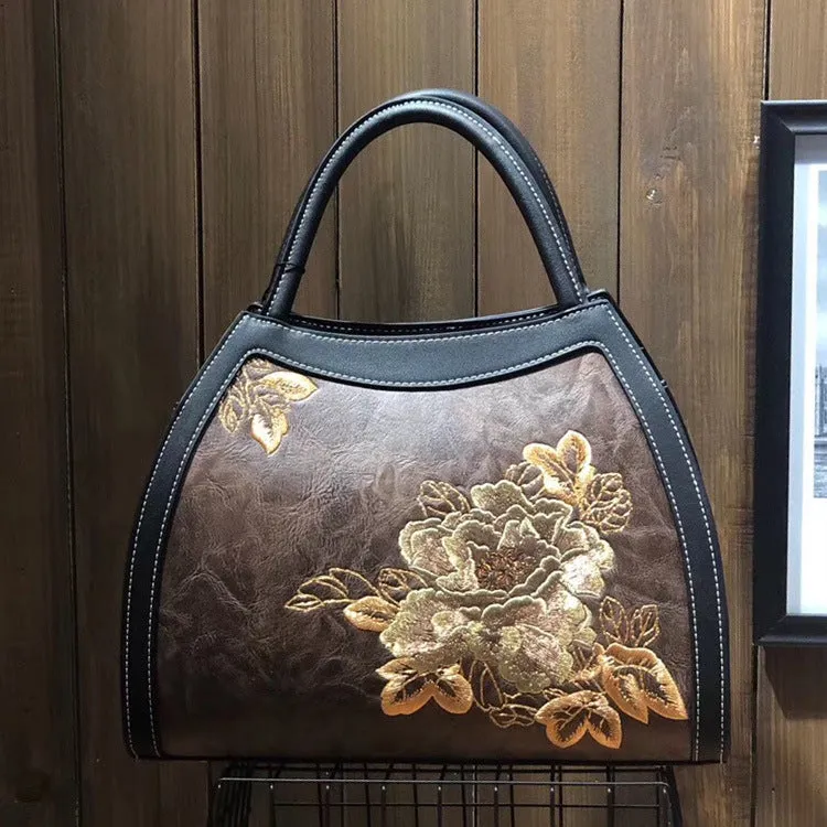 Chinese Style Large Capacity Fortune Flower Leather Embroidery Handbag