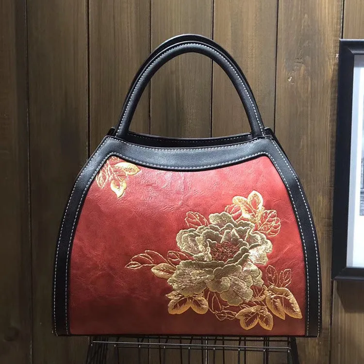 Chinese Style Large Capacity Fortune Flower Leather Embroidery Handbag