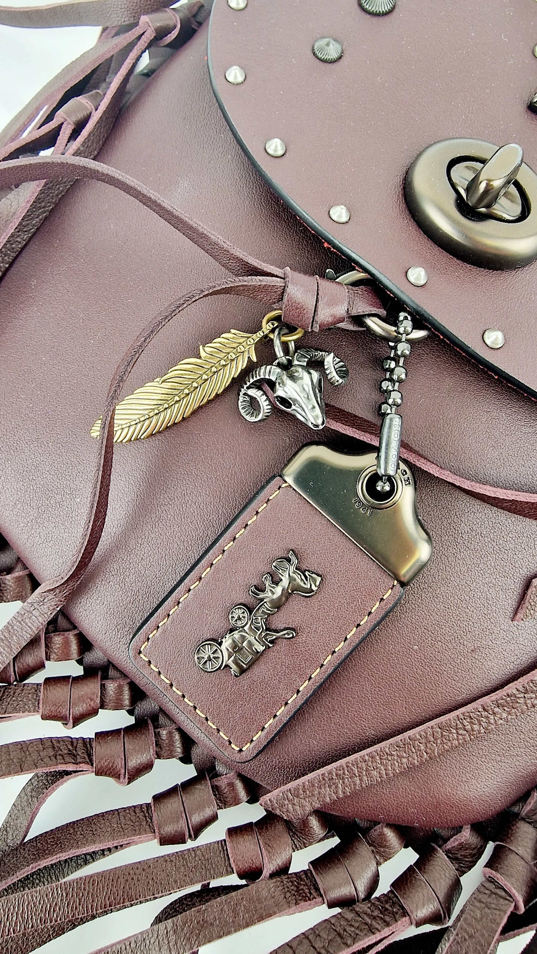 Coach 1941 Fringe Saddle Bag Pyramid Rivets in Oxblood Smooth Leather & Ram Charm - Coach 48617