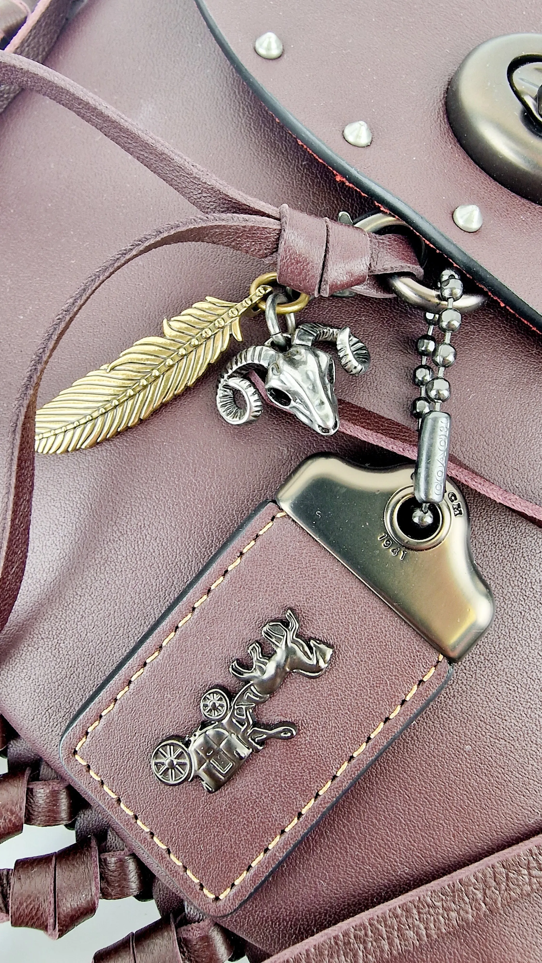 Coach 1941 Fringe Saddle Bag Pyramid Rivets in Oxblood Smooth Leather & Ram Charm - Coach 48617