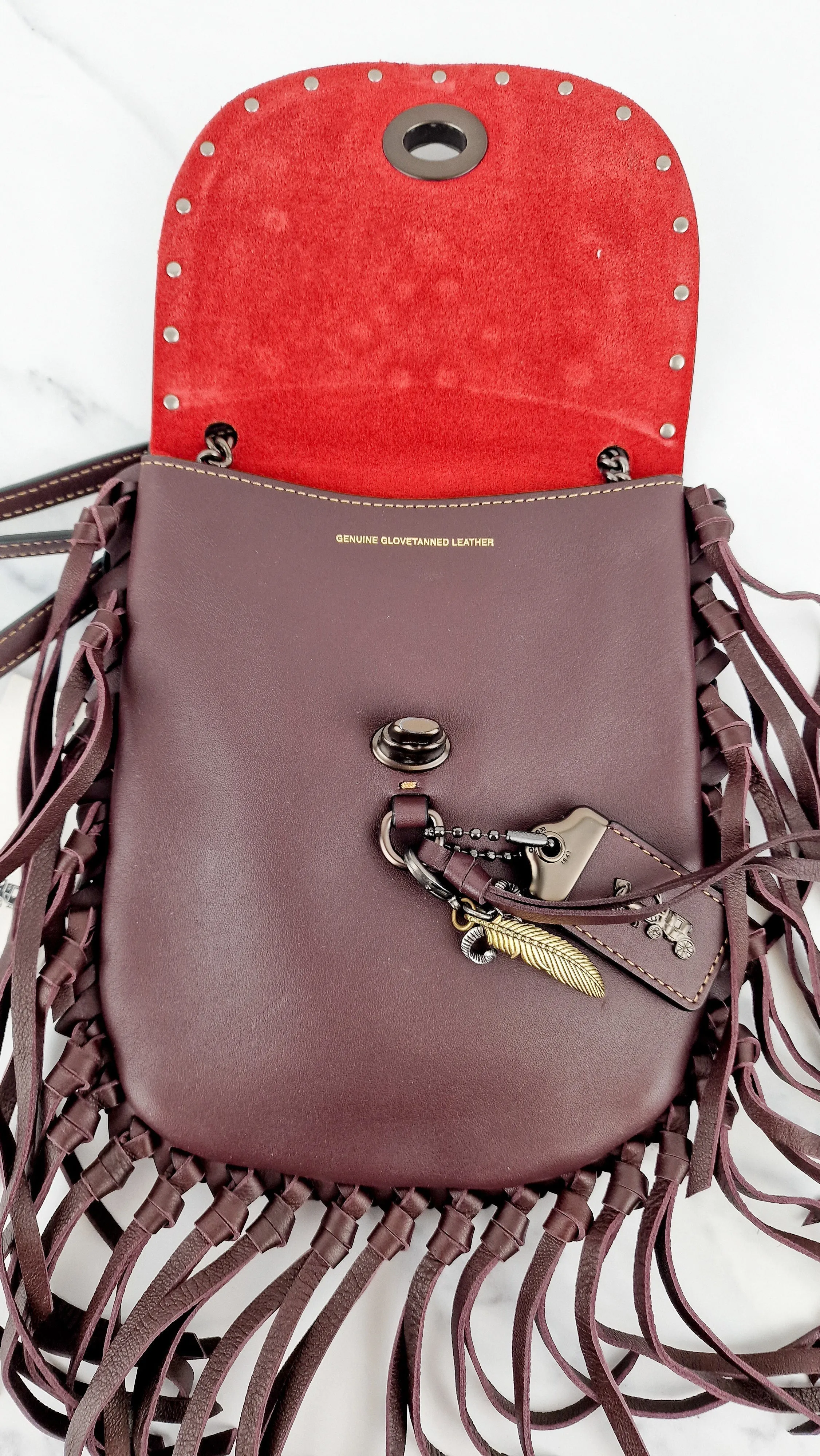 Coach 1941 Fringe Saddle Bag Pyramid Rivets in Oxblood Smooth Leather & Ram Charm - Coach 48617