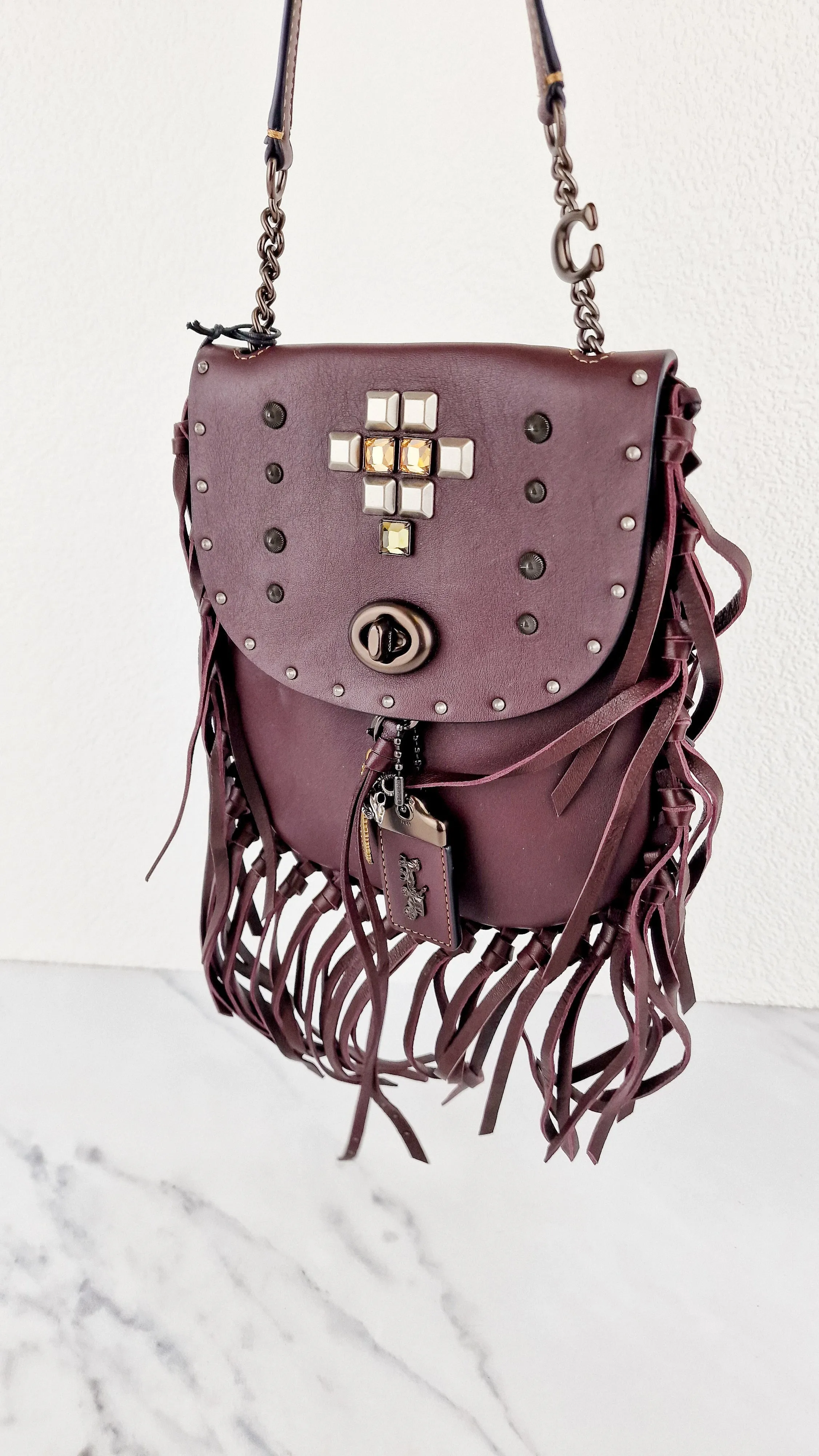 Coach 1941 Fringe Saddle Bag Pyramid Rivets in Oxblood Smooth Leather & Ram Charm - Coach 48617