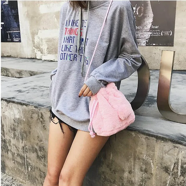 Cute Plush String Bucket Bag Shoulder Crossbody For Women