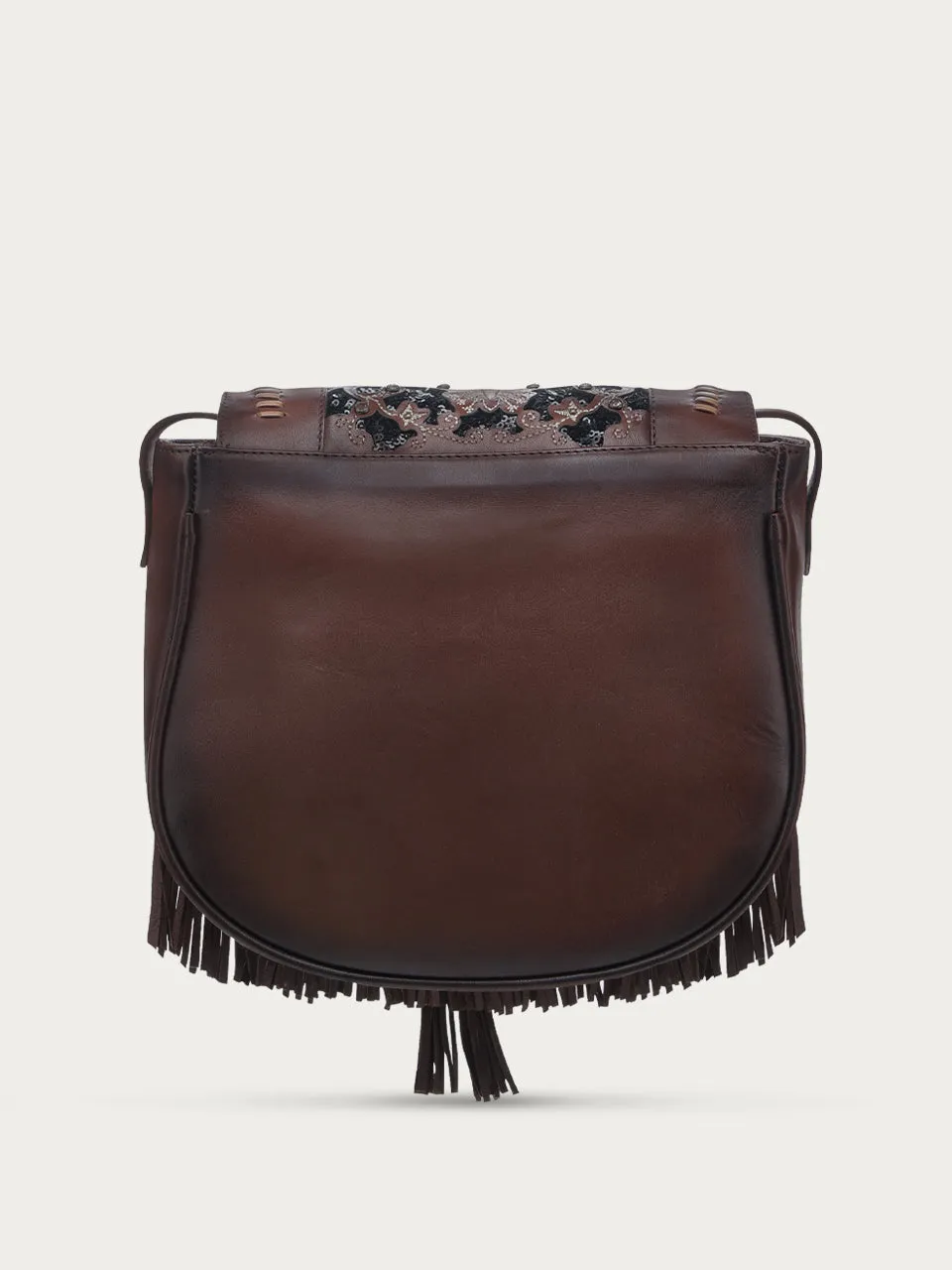 D1347 - LADIES EMBROIDERY GLITTER INLAY, STUDS, WITH WOVEN DETAIL CHOCOLATE FRINGE SADDLE BAG