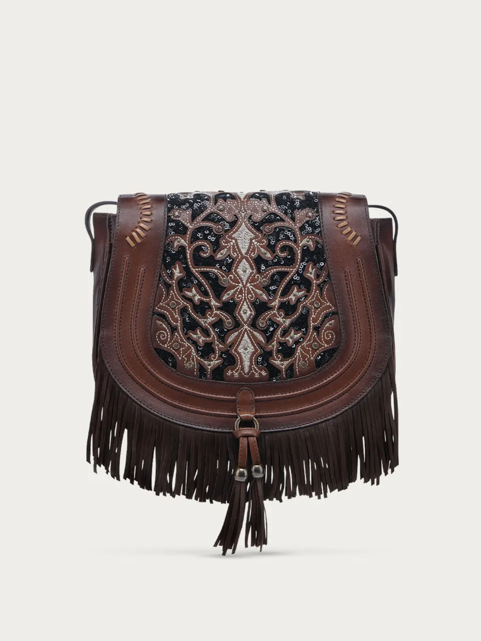 D1347 - LADIES EMBROIDERY GLITTER INLAY, STUDS, WITH WOVEN DETAIL CHOCOLATE FRINGE SADDLE BAG