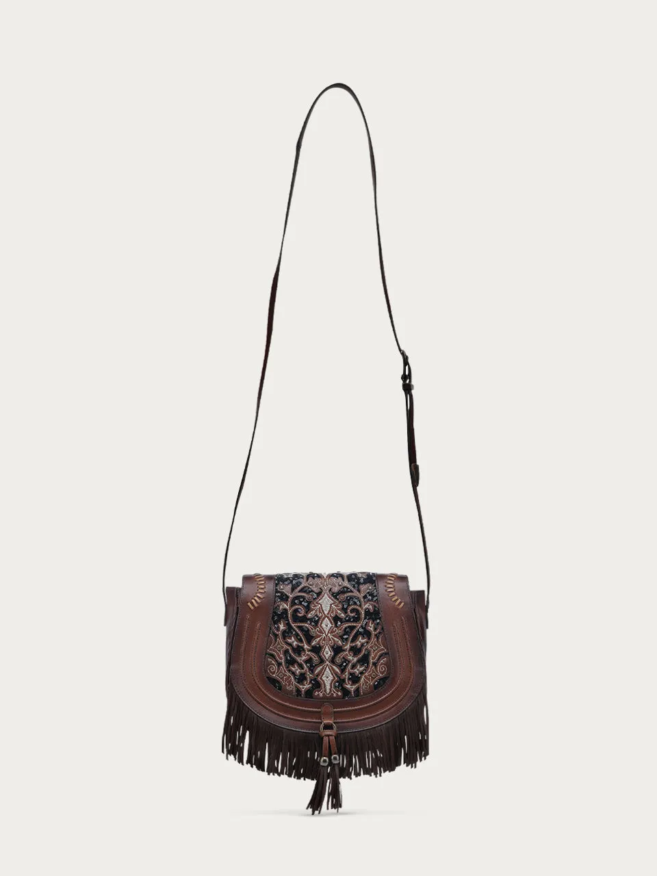 D1347 - LADIES EMBROIDERY GLITTER INLAY, STUDS, WITH WOVEN DETAIL CHOCOLATE FRINGE SADDLE BAG