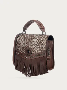 D1348 - LADIES CHOCOLATE FRINGE AND OVERLAY GLITTLER SADDLE BAG