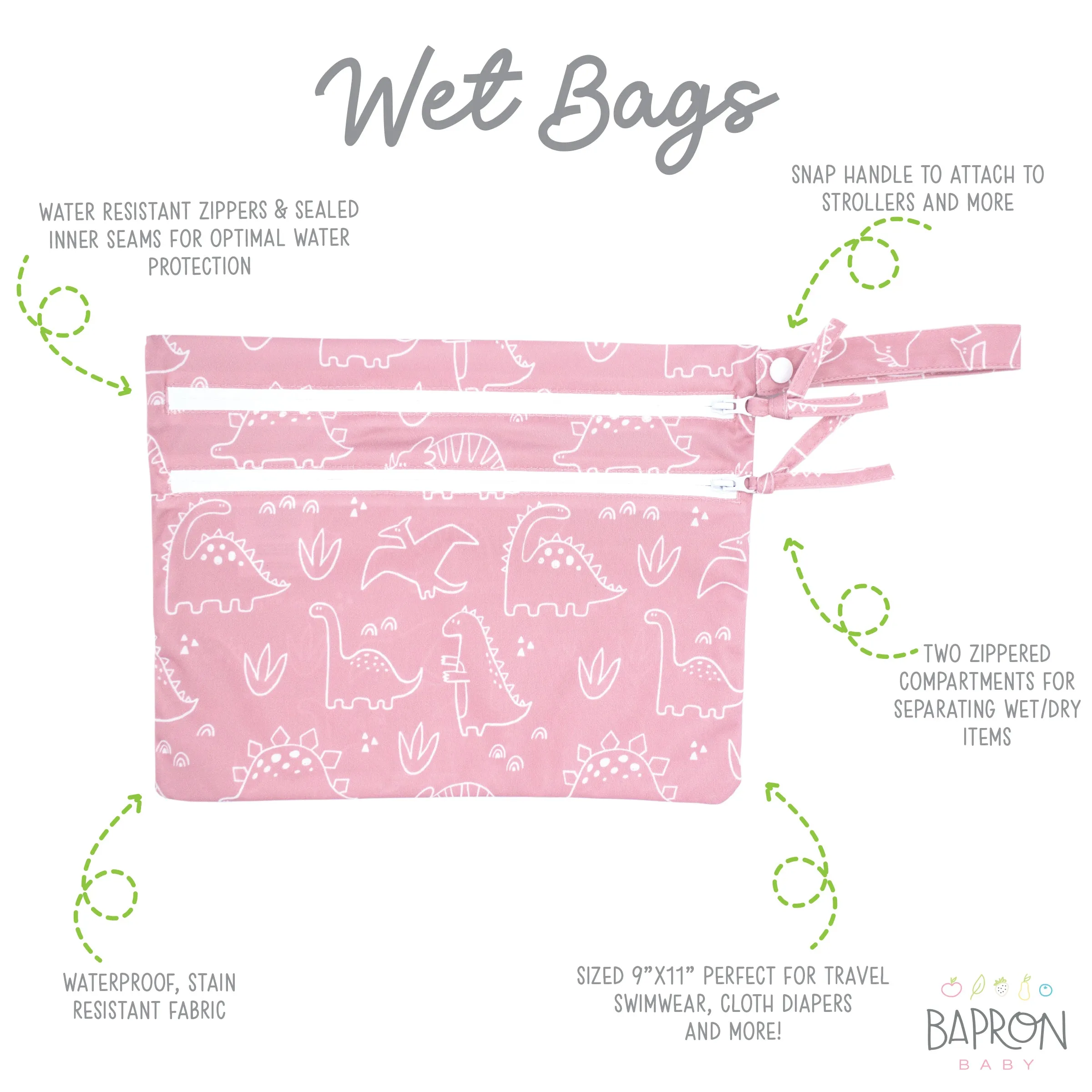 Dino Friends - Blush - Waterproof Wet Bag (For mealtime, on-the-go, and more!)