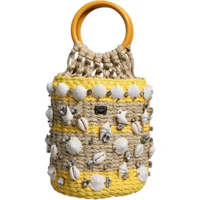 Dolce & Gabbana Beige Yellow Rafia Seashells Crystal Bucket Bag