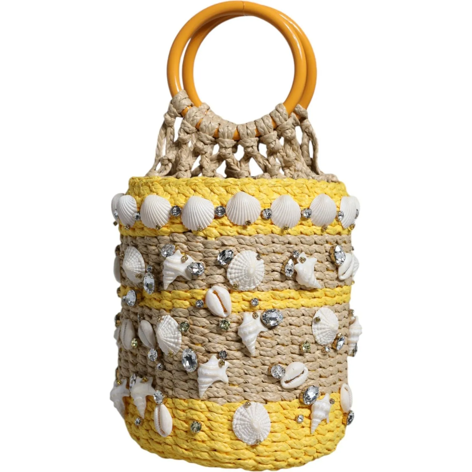 Dolce & Gabbana Beige Yellow Rafia Seashells Crystal Bucket Bag