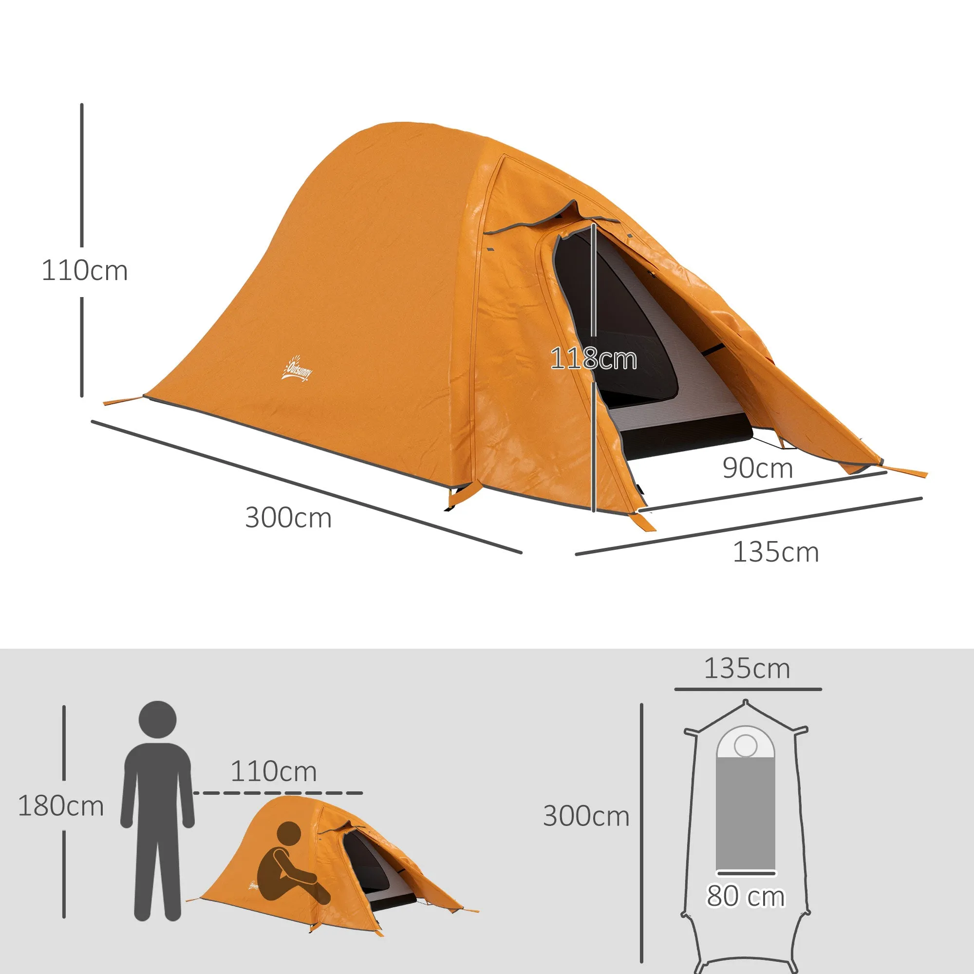 Double Layer Camping Tent, 1-2 Man Backpacking Tent with Carry Bag, 2000mm Waterproof and Lightweight, Orange