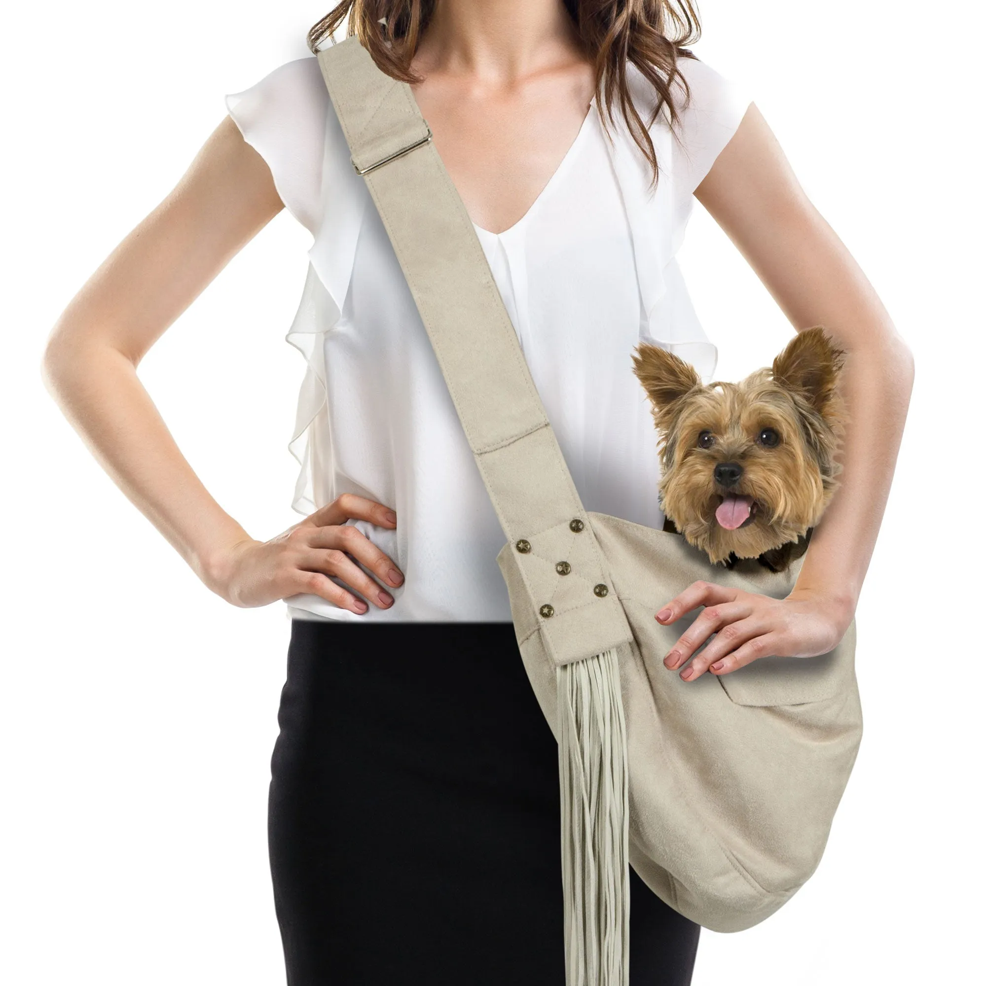 fringe cuddle carrier with studs - doe plush liner