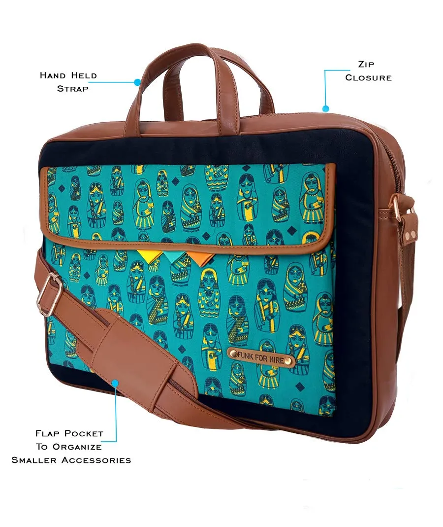 Funk For Hire Doll Printed Turquoise Pocket Navy Cotton Canvas Laptop Bag that fit up to 17" Laptop